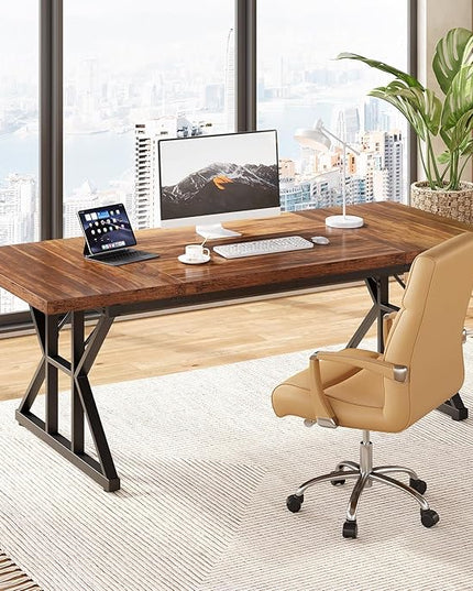 LITTLE TREE 70.8-Inch Office Desk, Wooden Executive Office Desk, Modern Work Desk, Large Farmhouse Writing Table Computer Desk for Home, Brown-Black