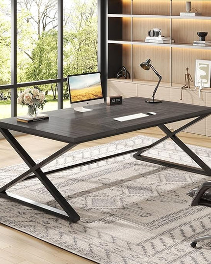 IBF 70 Inch Large Desk, Long Computer Desk for Writing Study, Industrial Home Office Work Executive Desk for Bedroom, Wood Metal Pc Gaming Workstation Computer Table for 2 Monitors, Dark Gray Oak