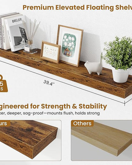 Fun Memories 40 Inch Floating Shelves, Long Wood Wall Shelf Set of 2 with Invisible Brackets, for Bathroom, Living Room, Bedroom, Kitchen, Rustic Brown