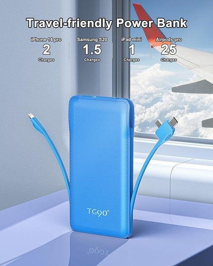 TG90° 10000mah Power Bank Portable Charger with Built-in Cables(No AC Plug), Portable Phone Charger Battery Backup Compatible with iPhone 17 16 15 14 13 12 and Android Phones