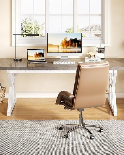 LITTLE TREE 70.8-Inch Large Executive Desk, Modern Computer Office Desk, Wooden Writing Desk Study Table for Home Office, Grey-White