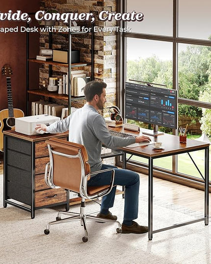 PRAISUN 43.3" Small Computer Desk with Power Outlets and USB-C Port, Reversible L Shaped Corner Office Desk with 4 Fabric Drawers and 2 Height-Adjustable Shelves, for Gaming Writing, Rustic Brown