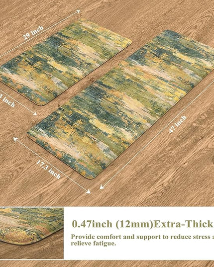 Collive Anti Fatigue Kitchen Rugs Sets of 2, Abstract Non Slip Waterproof Kitchen Mat Modern Runner Rug, Ergonomic Comfort Desk Rugs for Floor, 17"x59"+17"x29" Green/Yellow