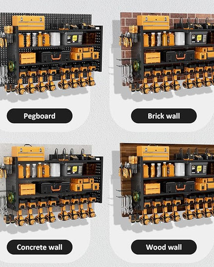 Power Tool Organizer Wall Mount with Charging Station, Heavy-Duty Metal Garage Tool Storage Rack & 8 Outlet Power Strip, 33 Inch Long 4 Tier Shelves for Workshop Organization
