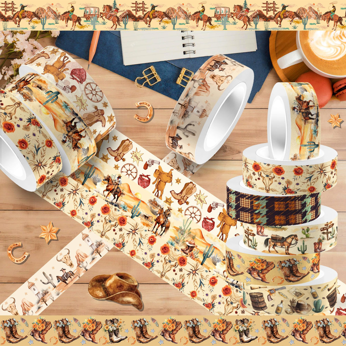MOZUI 12 Rolls Western Washi Tape Masking Decorative Cowboy and Cowgirl Washi Tape for DIY Craft Gift Wrapping Handbook Sticker Scrapbook Journaling Party Favor