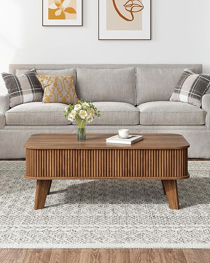 LCVTND Fluted Lift Top Coffee Table with Storage, Modern Wood Coffee Table Retro Center Table with Hidden Lifting Table Top Compartment for Living Room, Home, Office, Walnut
