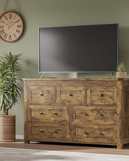 BORNOON 7-Drawer Dresser, Modern Wooden Storage Chest of Drawers, Dresser TV Stand, Wood Drawer Organizer with Metal Handles for Bedroom, Living Room, Hallway