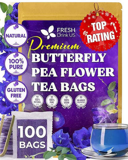 FreshDrinkUS, 100 Premium Butterfly Pea Flower Tea Bags – 100% Pure & Natural | Caffeine-Free Herbal Blue Tea | No Additives, Non-GMO, Made With Natural Material Tea Bag, No Sugar, No Caffeine, No Gluten, Vegan