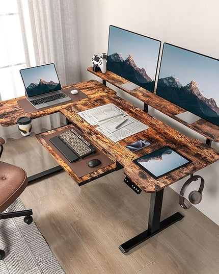 59 Inch L Shaped Standing Desk with Shelves and Keyboard, Electric Corner Standing Desk Adjustable Height, Sit Stand Computer Table with Reversiable Splice Board，Rustic Brown