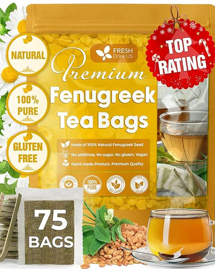 FreshDrinkUS, Premium 75 Fenugreek Tea Bags, 100% Natural & Pure from Fenugreek. Fenugreek Herbal Tea. Made with Natural Material Tea Bags. No Sugar, No Caffeine, No Gluten, Vegan.