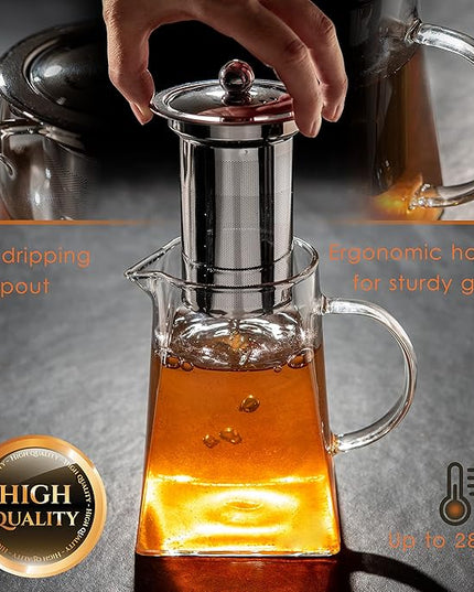 Mixpresso 5 Piece Glass Tea Pot Set, Kettle with Removable Infuser, Clear Glass Teapot 33oz With 4 Double Wall Cups 2.7oz Stovetop Safe Teapot For Loose Leaf Tea, Perfct As Tea Gift Sets.