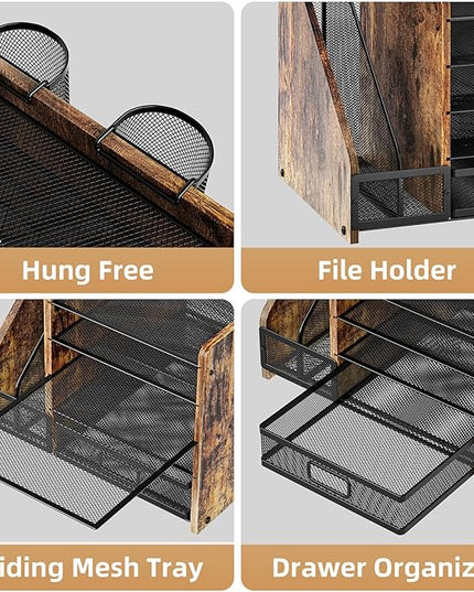 Marbrasse Desk Organizer with File Holder, 5-Tier Paper Letter Tray Organizer with Drawer and 2 Pen Holder, Mesh Desktop Organizer and Storage with Magazine Holder for Office Supplies (Wood-Brown)