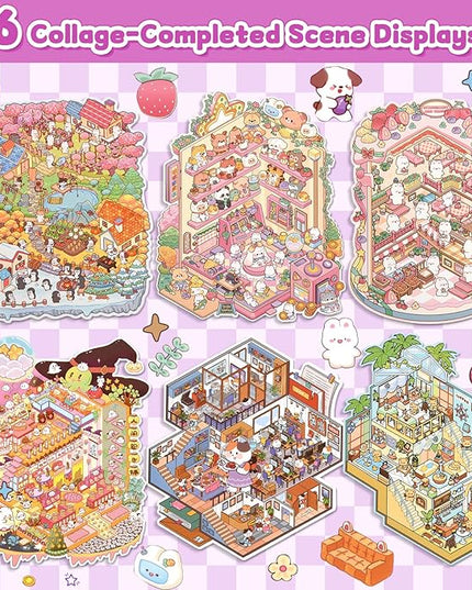 ASTARON 6 Sets DIY 3D Sticker Scene Book Sticker Therapy for Adults, Make Your Own Mini Cozy Shop House Room Stickers Cute Cartoon Miniature Stickers, Relief Stress Pass The Time