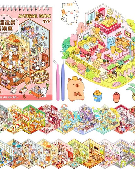 ASTARON 20 Sets DIY 3D Sticker Scene Book Sticker Therapy for Adults, Make Your Own Mini Cozy Shop House Room Stickers Cute Cartoon Miniature Stickers, Relief Stress Pass The Time