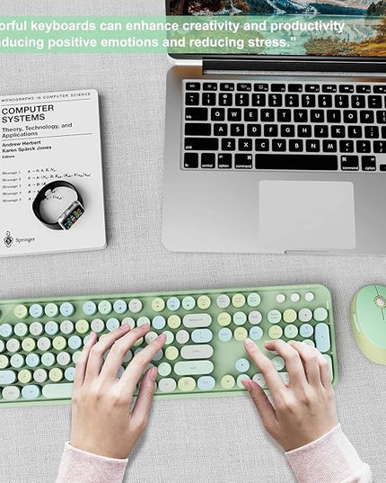 Wireless Keyboard and Mouse Combo, Ergonomic Full Size Typewriter Retro Round Keycaps Keyboard, Compatible with Windows, PC, Perfer for Home and Office Keyboards (Green