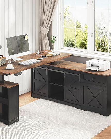 63" Farmhouse Electric Standing Desk Adjustable Height Sit Stand Corner Stand Desks, L Shaped Standing Computer Desk with Power Outlets & Storage Drawers & Sliding Door for Home Office, Black