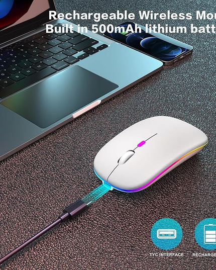 Wireless Bluetooth Mouse Rechargeable Laptop Mice with LED Use Portable(BT5.2 and USB 2.4G) Dual Mode Connection Silent Slim Computer Mouse for Laptop/iPad Tablet/Apple MacBook/PC(White)