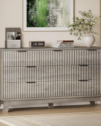 BORNOON 57" Long Dresser for Bedroom, 7-Drawer Fluted Chest, Wide Wood Storage Dresser with Metal Slides and Handles, Stable Base, Modern Clothes Organizer for Primary Suite, Guest Room, Nursery
