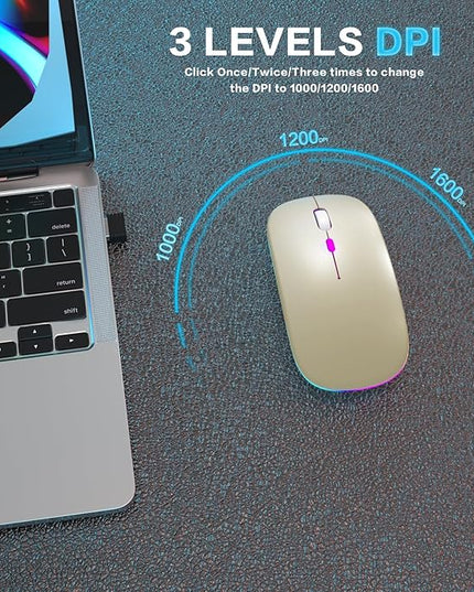 Wireless Bluetooth Mouse - Rechargeable Laptop Mice - with LED Lights,Dual Mode(Bluetooth 5.2 & Portable USB 2.4G) Connection,Silent - Computer Mouse for Laptop,iPad,Tablet,MacBook,& PC(Gold)