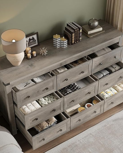 BORNOON 9-Drawer Dresser, Modern Wooden Storage Chest of Drawers, Dresser TV Stand, Wood Drawer Organizer with Metal Handles for Bedroom, Living Room, Hallway