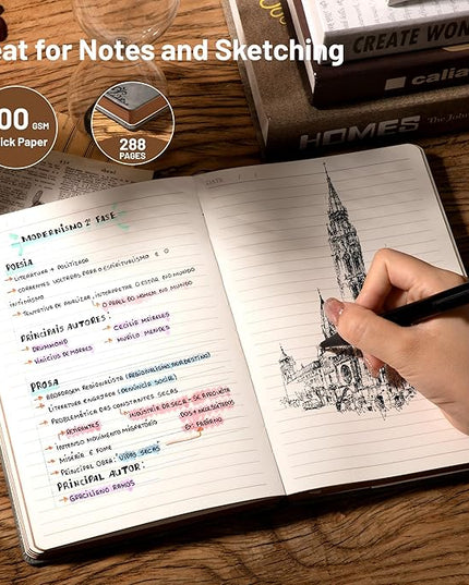 CAGIE Compass Leather Notebook Journal for Men, 100 GSM 288 Pages Lined Journals for Writing, A5 Hardcover Journaling Notebooks Gift Set with Pen for Travel Office Daily Writing