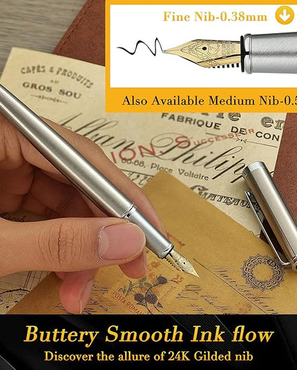 BEILUNER Luxury Fountain Pen Set, Solid 24K Gilded Fine Nib, Silver Stainless Steel Body- Includes 6 Ink Cartridges & Ink Refill Converter with Gift Case - Perfect for Men and Women