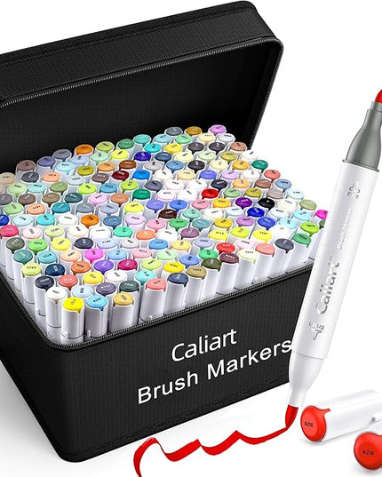 Caliart 180 Colors Alcohol Markers Brush Tip, Dual Tip Artists Coloring Markers Set Brush & Fine, Permanent Alcohol Based Colored Sketch Pens, Art Supplies Gifts for Adults Illustration Drawing