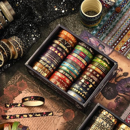 Songdao 36 Rolls Skinny Washi Tape Set Gold Foil Detailing Arts Adhesive Tapes Basic Patterns Decorative Masking Tape Sets for Craft, Kids, Scrapbook, DIY, Gift Wrapping (Bronzing Letters)