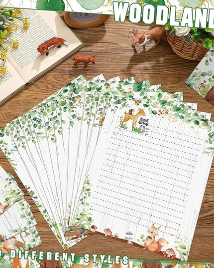TaoBary 160 Pcs Stationery Paper Set 50 Double Sided Stationery Papers with 50 Matching Envelopes and 60 Round Dot Sticker, 10 Design(Woodland Animal,8.5 x 11 Inch)