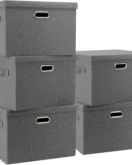 Large 17" 36 Quart Collapsible Stackable Storage Bins with Lids, 5 Packs Gray Foldable Fabric Closet Storage Boxes with Lids, Heavy-duty Linen Cube Baskets(17 x 12 x 11)