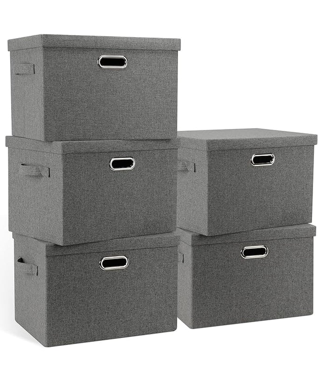 Large 17" 36 Quart Collapsible Stackable Storage Bins with Lids, 5 Packs Gray Foldable Fabric Closet Storage Boxes with Lids, Heavy-duty Linen Cube Baskets(17 x 12 x 11)
