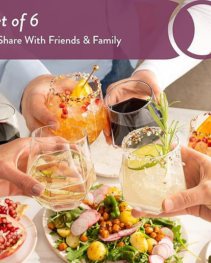 Hexagon Stemless Wine Glasses Set of 6 – Elegant 10.5 oz, Durable, Dishwasher Safe, Spill-Proof Design, Perfect for Wine, Cocktails, Whiskey, Everyday Use, Dinner Parties, and Entertaining, Giftable