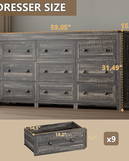 BORNOON 9-Drawer Dresser, Modern Wooden Storage Chest of Drawers, Dresser TV Stand, Wood Drawer Organizer with Metal Handles for Bedroom, Living Room, Hallway