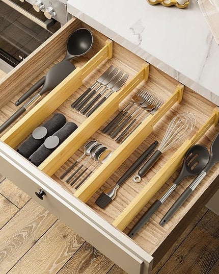 BAMEOS 4 pcs 3" High Bamboo Drawer Dividers Adjustable Drawer Organizer Expandable Drawer Organization Utensil Organizers for Kitchen Dresser Bathroom Bedroom and Office