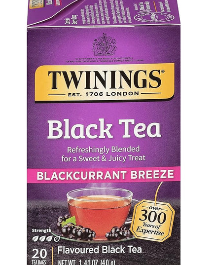 Twinings Blackcurrant Breeze Black Tea Individually Wrapped Bags, 20 Count (Pack of 1), Sweet, Tangy Taste, Caffeinated, Enjoy Hot or Iced, 20 Teabags