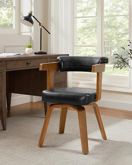 Fat Ant Home Office Desk Chair - Mid Century Modern Chair, Faux Leather Office Chair No Wheels, Comfy Accent Arm Chair with Wood Legs for Small Spaces Living Room Bedroom Study, Black/Walnut