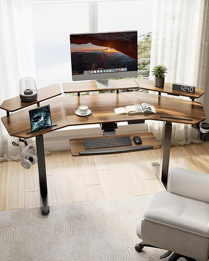 EUREKA ERGONOMIC Standing Desk Adjustable Height, Computer Desk w Keyboard Tray 72" Gaming Music Studio Desk LED Monitor Stand,Dual Motor,Slot Design,Walnut