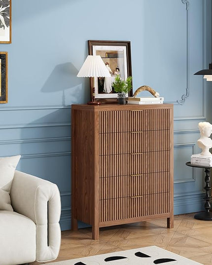 JZXSHD 5 Drawer Dresser, 43" Tall Dresser Organizer TV Drawer Cabinet Modern Wood Storage Cabinet, Modern Wood Storage Cabinet for Bedroom, Hallway, Entryway, Walnut Oak X 2