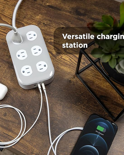 GE 12-Outlet Surge Protector with 6ft Braided Cord, Power Strip, Extension Cord, Flat Plug, 2 USB-A & 1 USB-C Port, 2100 Joules, for Home School & Office, Charging Station, White, 84214
