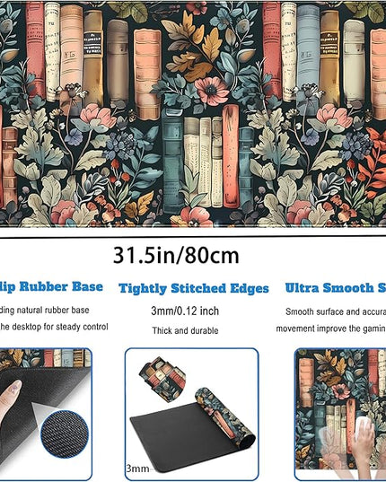 Floral Books Desk Mat Reading Desk Pad Mouse Mat XXL, Colorful Mouse Keyboard Pad Flower Bookshelf Desktop Mat, Long Computer Mats Aesthetic Desk Accessory Reader's Home Decor 31.5" x 15.7"