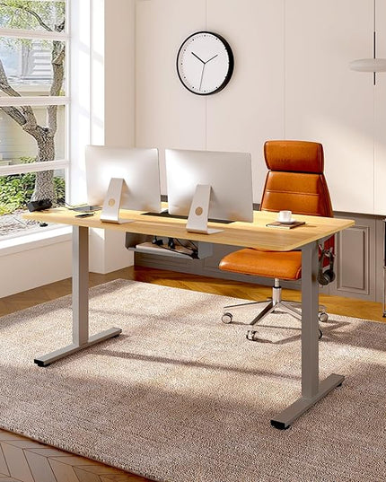 FLEXISPOT EN2 Whole-Piece Standing Desk with Clamp Power Strip, 55 x 28 Electric Stand Up Height Adjustable Desk with Cable Management (Gray Frame + 55" Maple Top, 2 Packages)