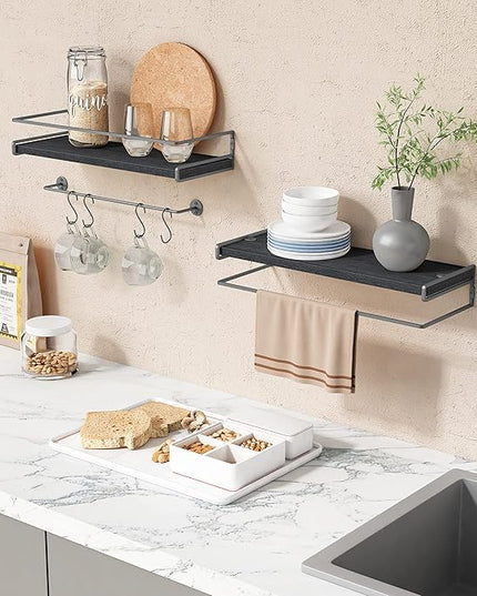 Forbena Black Floating Shelves for Bathroom Wall Set of 2, Kitchen Spice Rack Wall Mount, Modern Wood Hanging Wall Shelves for Bedroom Organizer, Restroom Pantry Closet Storage (Grey-Black)
