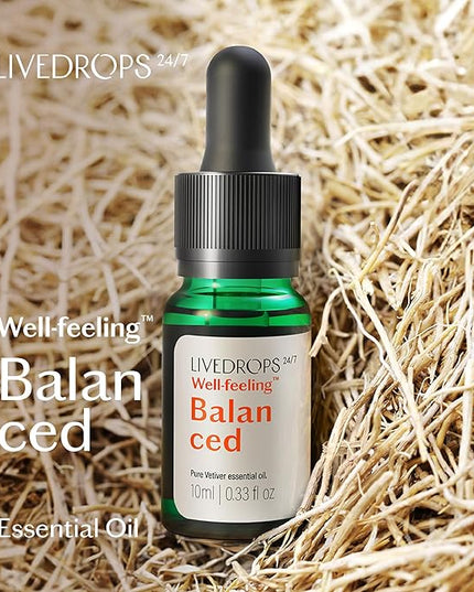 LIVEDROPS 24/7 Balanced Vetiver Essential Oil, Natural Vegan Aromatherapy for Diffuser or Diluted Skin Use, Earthy Woody Scent, Origin Haiti, Made in USA, Clinically Tested, 10ml