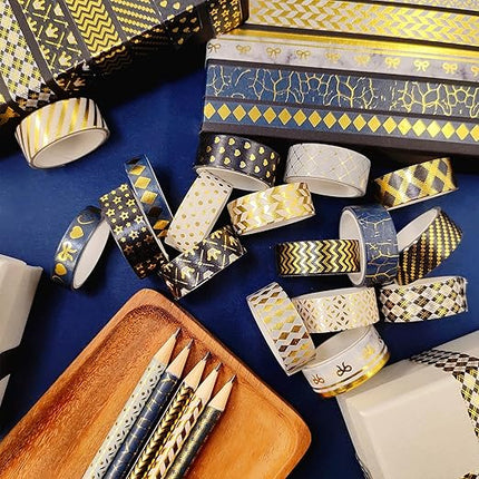 YUBBAEX 18 Rolls Black Gold Washi Tape Set Basic Patterns Foil Print Decorative Tapes for Arts, DIY Crafts, Bullet Journals, Planners, Scrapbook, Wrapping (15mm) (Black Gold Pack x 18 Rolls)