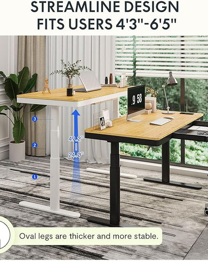 SANODESK Standing Desk with Drawer,Dual Motor 3 Stage Electric Height Adjustable Home Office Desk with Storage & Wireless Charging, 55 inch Bamboo Tabletop/White Frame