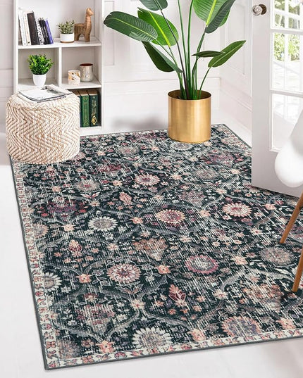 Lahome Moroccan Trellis Washable Small Area Rug, 3x5 Black Rug for Bedroom Living Room, Non-Slip Oriental Accent Throw Carpet for Kitchen Office Entryway Bathroom Office, Black/Multi