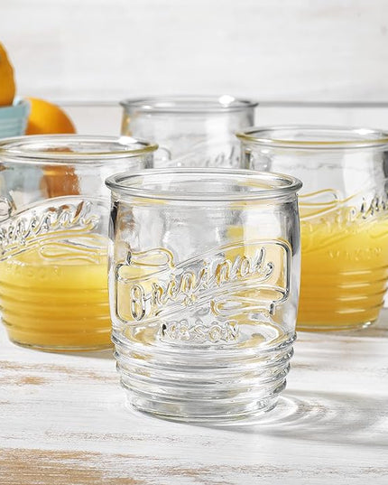 Glaver's Drinking Glasses Set of 4 Original Mason Whiskey 13 Oz Genuine Artisan-Made Vintage Italian Tumbler Glassware Set for Refreshing Drinks, Beverages, Iced Tea