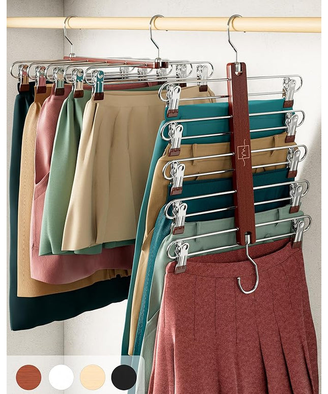 MORALVE Skirt Hangers Space Saving with Clips - 2 Pack - European Beechwood 5-Tier Hanger for Shorts, Skirts, and Pants - Closet Organizer and Storage Solution for Women with 360° Swivel Hook