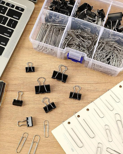 SANNIX 500Pcs Paper Clips and Binder Clips Assorted Sizes, Silver Paper Clips Black Binder Clips with Large Medium Small Size in Container for Office Home School Supplies Document Organizing