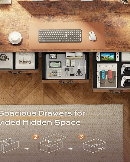 PRAISUN 55 Inch L Shaped Office Desk with Power Outlets and Type-C Port, Large Computer Gaming Desk with 3 Fabric Drawers, Mesh Shelves, Corner Study Work Writing Desk, Rustic Brown
